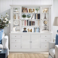 Hamptons Louvre Glass Display Cabinet with Open Bookcase and Buffet