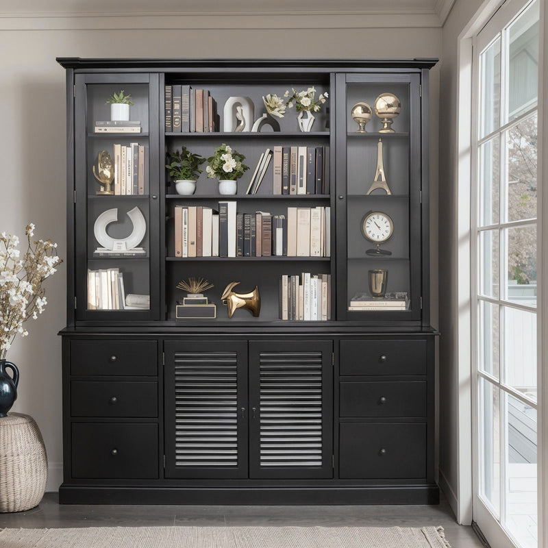Hamptons Louvre Glass Display Cabinet with Open Bookcase and Buffet