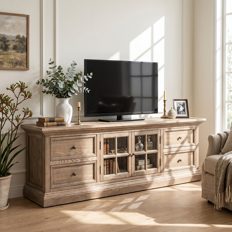 Hamptons Halifax TV Entertainment Unit with 4 Drawers Glass Doors Storage 180cm