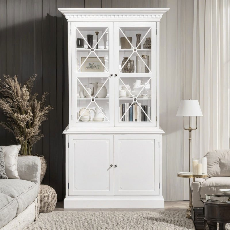 Hamptons Halifax Criss Cross Glass Door Display Hutch and Buffet Cabinet Bookcase