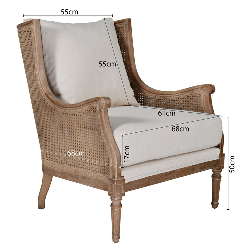 French Provincial Louis Havana Linen and Rattan Wingback Armchair