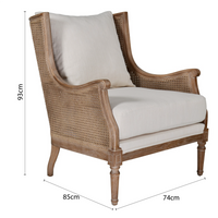 French Provincial Louis Havana Linen and Rattan Wingback Armchair