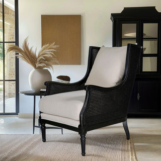 French Provincial Louis Havana Linen and Rattan Wingback Armchair