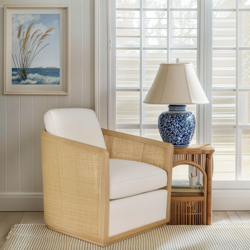 Hamptons Coastal Brighton Linen and Rattan Curved Back Armchair