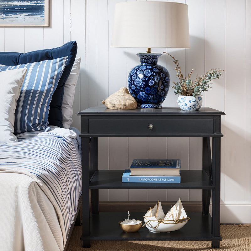 Hamptons Coastal Cross 1 Drawer Bedside Table with Shelf