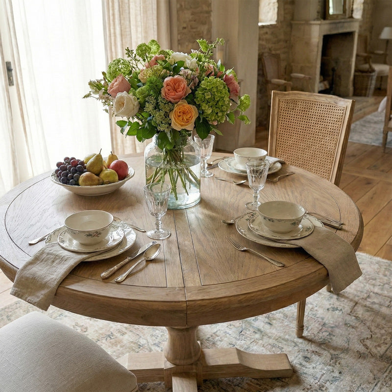 Hamptons Extendable/French Provincial Pedestal Round 100-150cm Extendable Dining Table NATURAL ASH