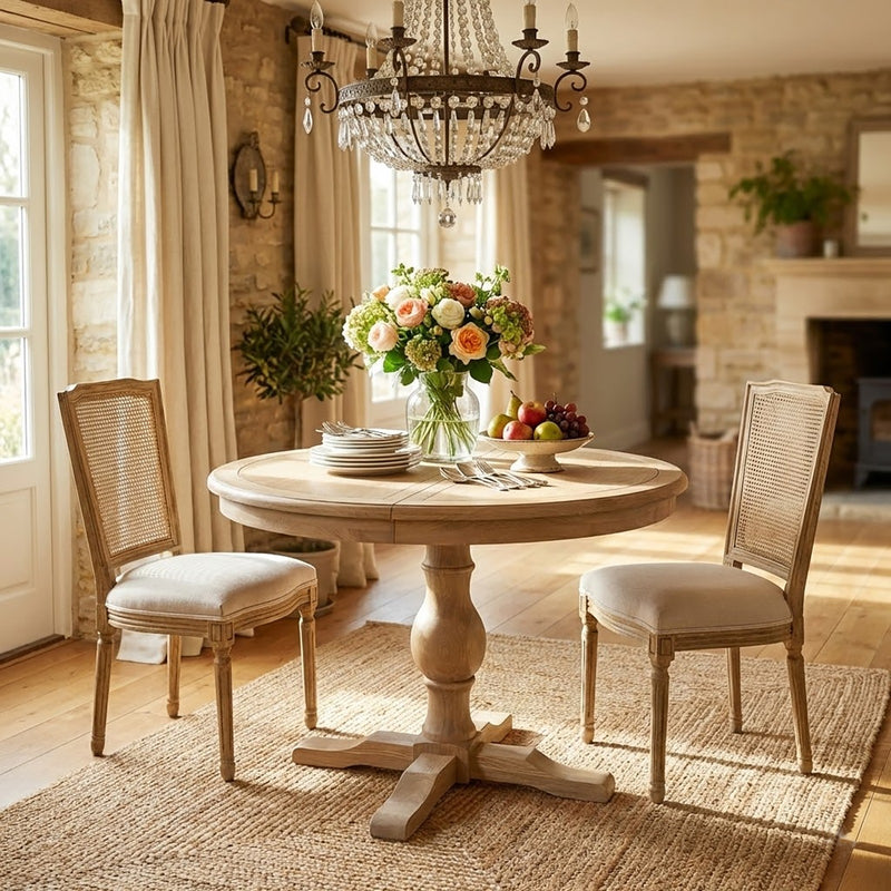 Hamptons Extendable/French Provincial Pedestal Round 100-150cm Extendable Dining Table NATURAL ASH