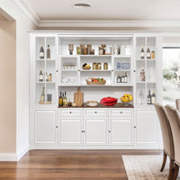 Hamptons Library Wall Unit Modular Buffet and Hutch Glass Cabinet with Cupboard in White with Natural Top