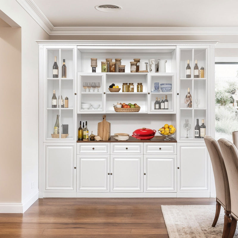 Hamptons Library Wall Unit Modular Buffet and Hutch Glass Cabinet with Cupboard in White with Natural Top