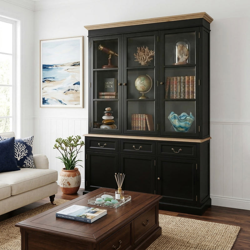 Hamptons Sorrento Buffet and Hutch Glass Display Bookcase