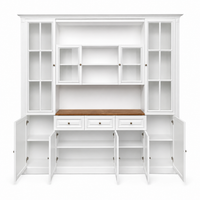 Hamptons Library Wall Unit Modular Buffet and Hutch Glass Cabinet with Cupboard in White with Natural Top
