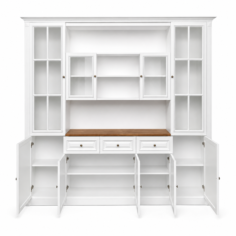 Hamptons Library Wall Unit Modular Buffet and Hutch Glass Cabinet with Cupboard in White with Natural Top