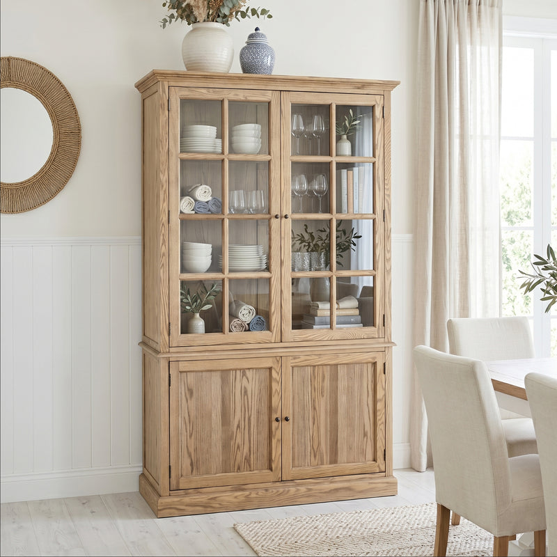 Hamptons Coastal Hutch Glass Display Cabinet Bookcase and Buffet Cupboard