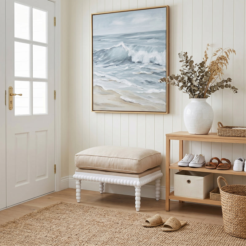 Hamptons Coastal Bobbin Line and Timber Ottoman Stool