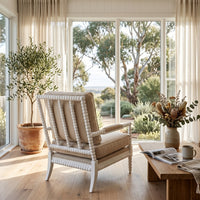 Hamptons Coastal Bobbin Linen and Timber Armchair