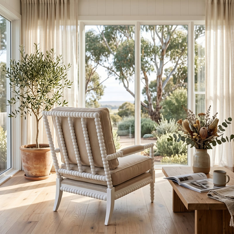 Hamptons Coastal Bobbin Linen and Timber Armchair