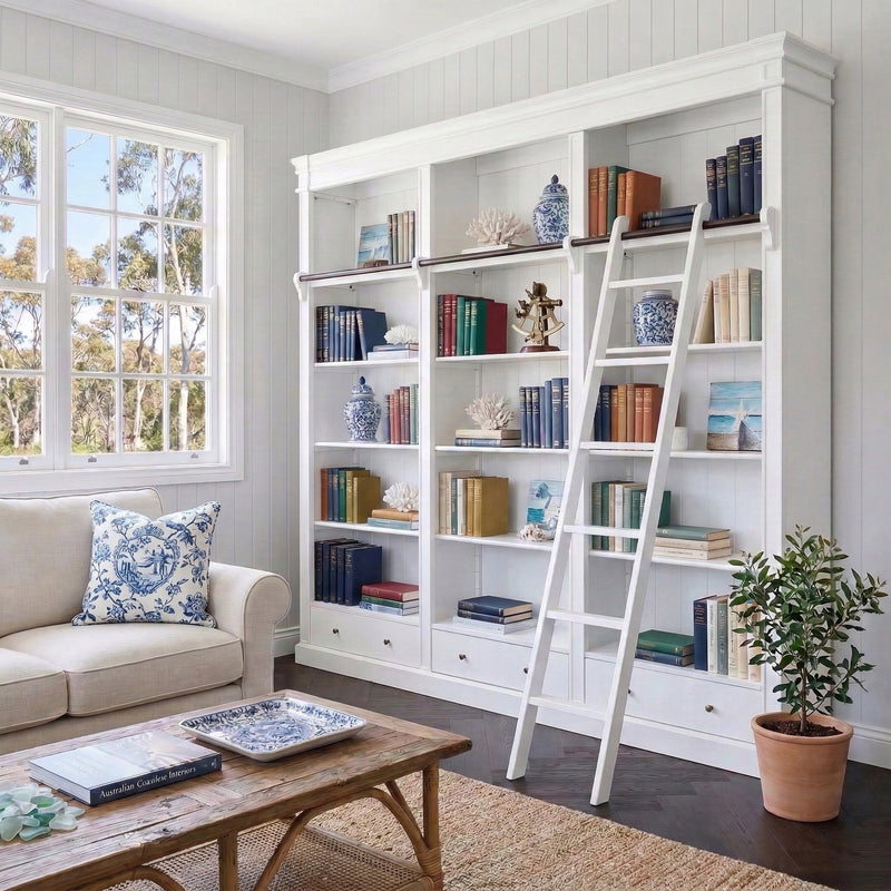 Hamptons Halifax Grand 3 Bay Library Bookcase with Ladder