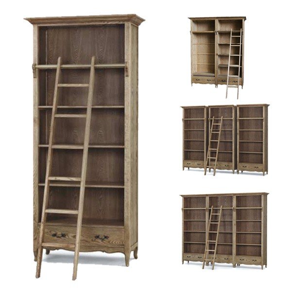 French Provincial Provence Extendable Library Bookcase Natural Ash with Ladder