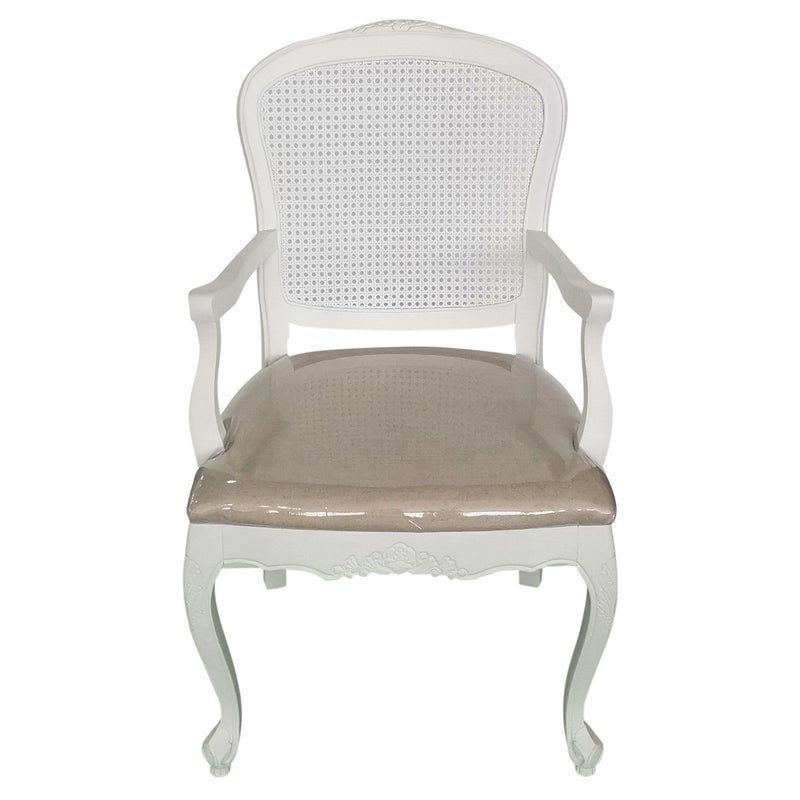 French Provincial Louis White Rattan Dining ArmChair