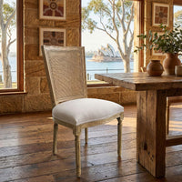 Set of 2 French Provincial / Hamptons Classic Oak Dining Chair with Natural Rattan Cane Back & Beige White Cushion