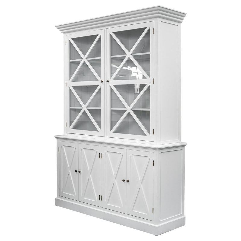 Hamptons Coastal Beach Cross Glass Door Hutch Display and Buffet Cabinet Cupboard