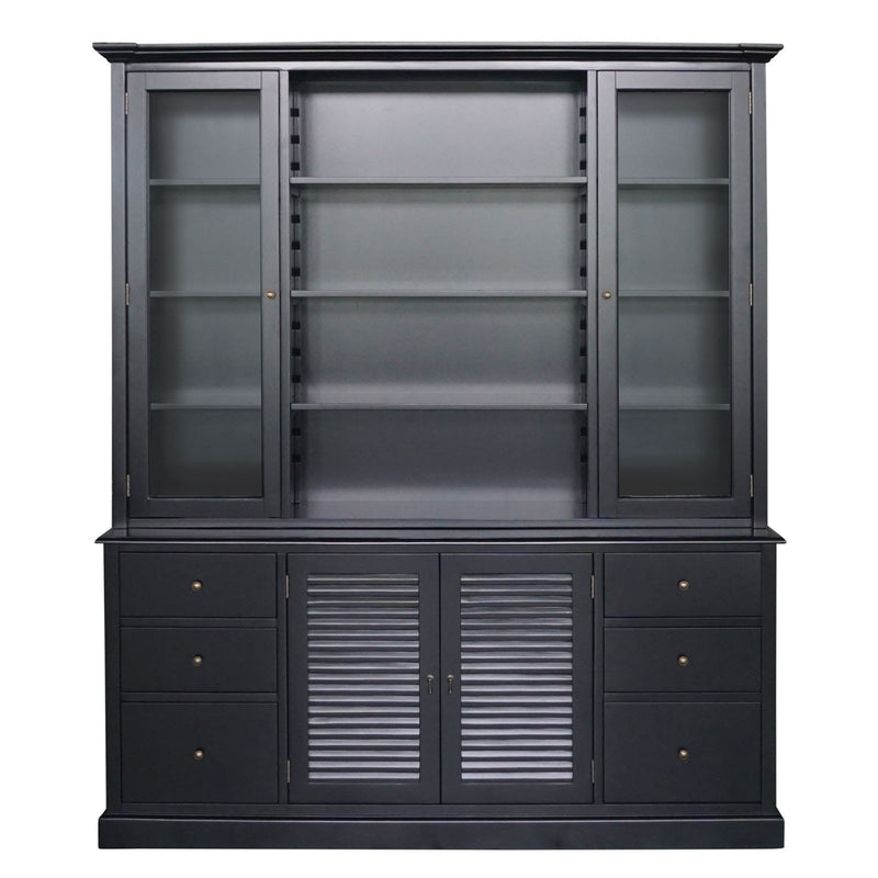 Hamptons Louvre Glass Display Cabinet with Open Bookcase and Buffet