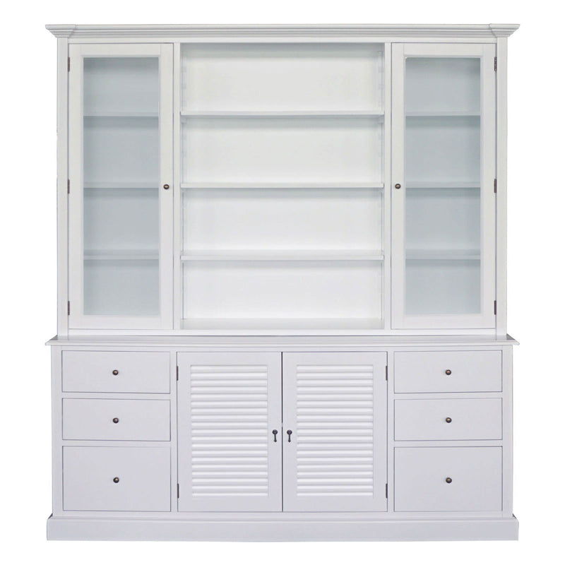 Hamptons Louvre Glass Display Cabinet with Open Bookcase and Buffet