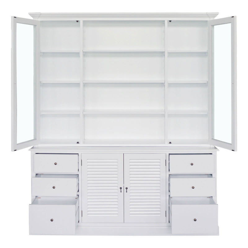 Hamptons Louvre Glass Display Cabinet with Open Bookcase and Buffet