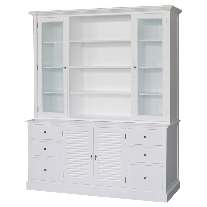 Hamptons Louvre Glass Display Cabinet with Open Bookcase and Buffet