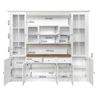 Hamptons Library Wall Unit Modular Buffet and Hutch Glass Cabinet with Cupboard in White with Natural Top