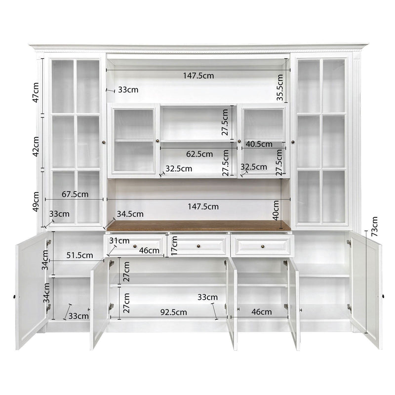 Hamptons Library Wall Unit Modular Buffet and Hutch Glass Cabinet with Cupboard in White with Natural Top