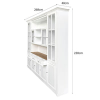 Hamptons Library Wall Unit Modular Buffet and Hutch Glass Cabinet with Cupboard in White with Natural Top