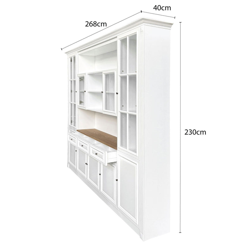Hamptons Library Wall Unit Modular Buffet and Hutch Glass Cabinet with Cupboard in White with Natural Top