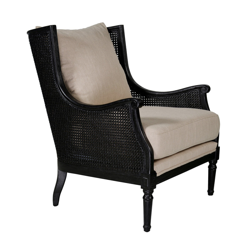 French Provincial Louis Havana Linen and Rattan Wingback Armchair