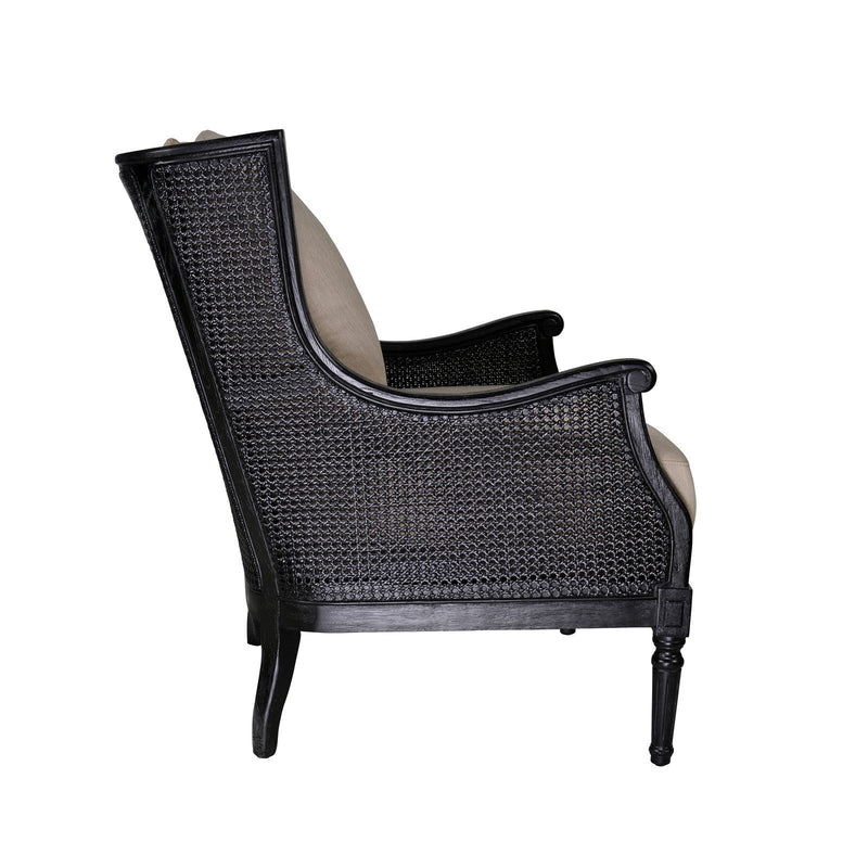 French Provincial Louis Havana Linen and Rattan Wingback Armchair