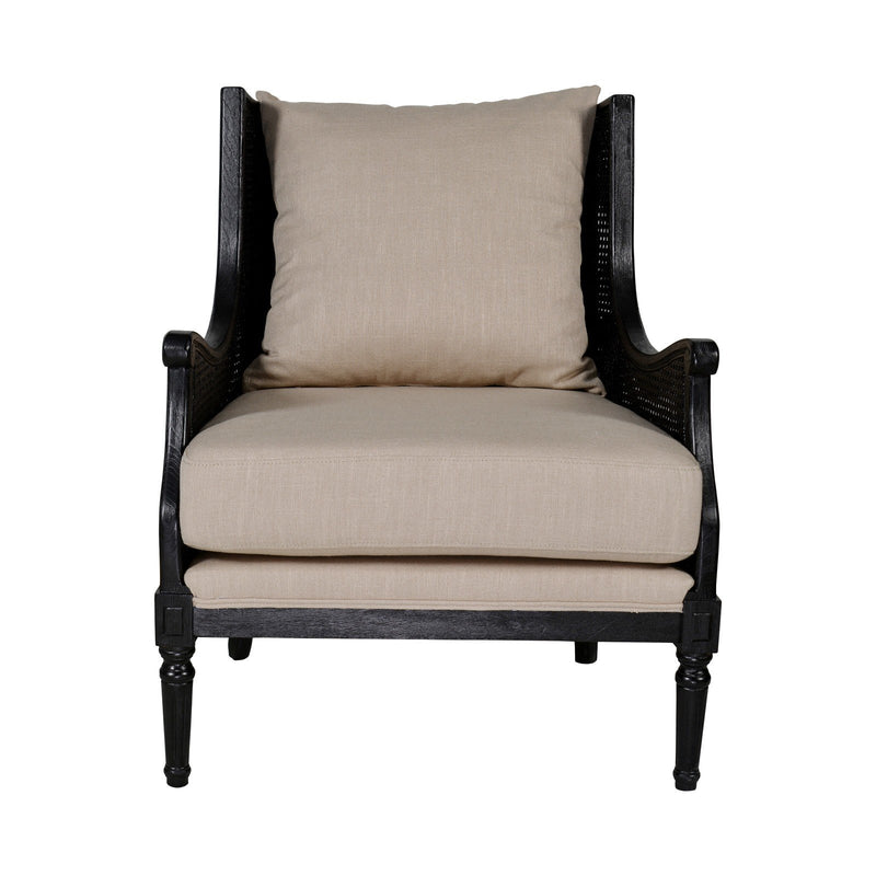 French Provincial Louis Havana Linen and Rattan Wingback Armchair