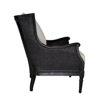 French Provincial Louis Havana Linen and Rattan Wingback Armchair