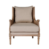 French Provincial Louis Havana Linen and Rattan Wingback Armchair