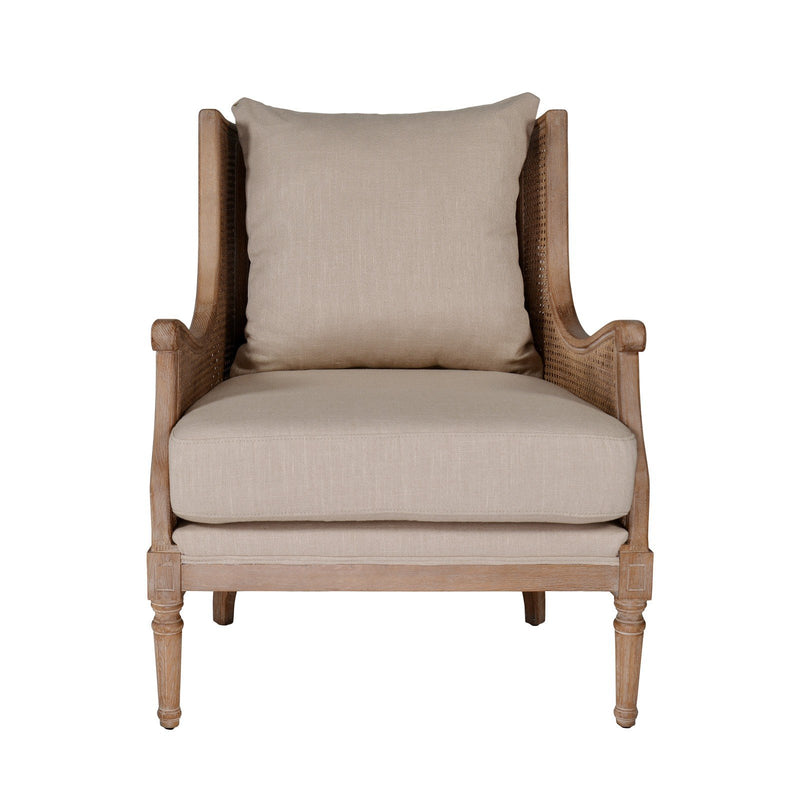 French Provincial Louis Havana Linen and Rattan Wingback Armchair