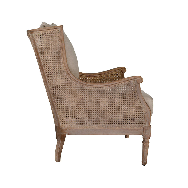 French Provincial Louis Havana Linen and Rattan Wingback Armchair