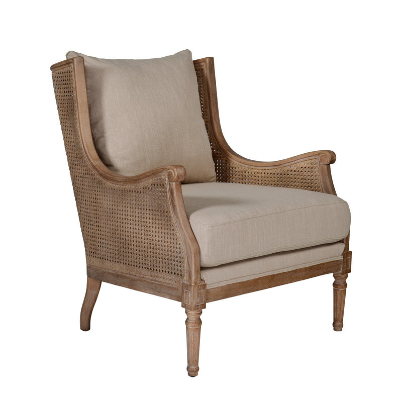 French Provincial Louis Havana Linen and Rattan Wingback Armchair