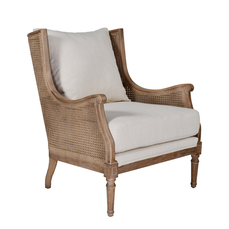 French Provincial Louis Havana Linen and Rattan Wingback Armchair