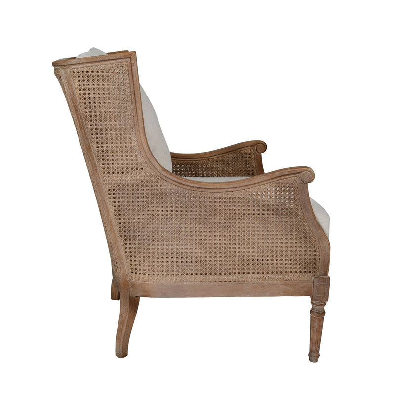 French Provincial Louis Havana Linen and Rattan Wingback Armchair