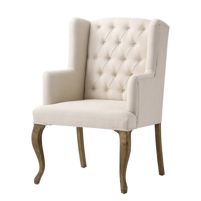 French Provincial Country Natural Linen Button Tufted Upholstered Arm Carver Chair
