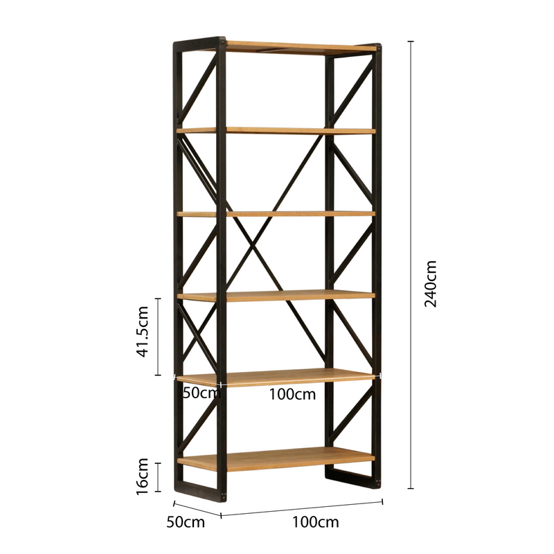 Industrial Detroit 5 Tier Natural Oak & Iron Frame Open Cross Back Display Bookcase