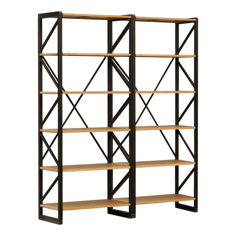 Industrial Detroit 5 Tier Natural Oak & Iron Frame Open Cross Back Display Bookcase