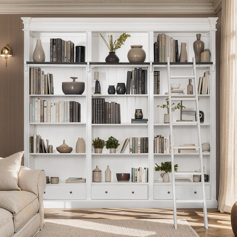 Hamptons Halifax Grand 3 Bay Library Bookcase with Ladder