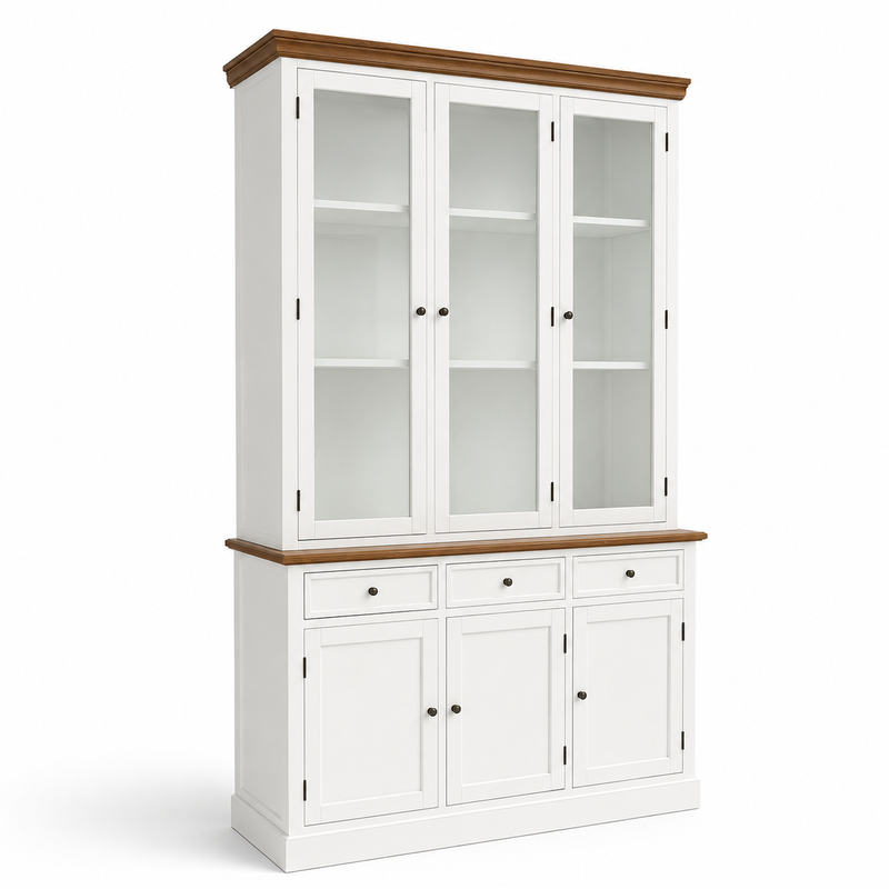 Hamptons Coastal Hutch and Buffet Tempered Glass Display Cabinet with 3 Drawers in WHITE
