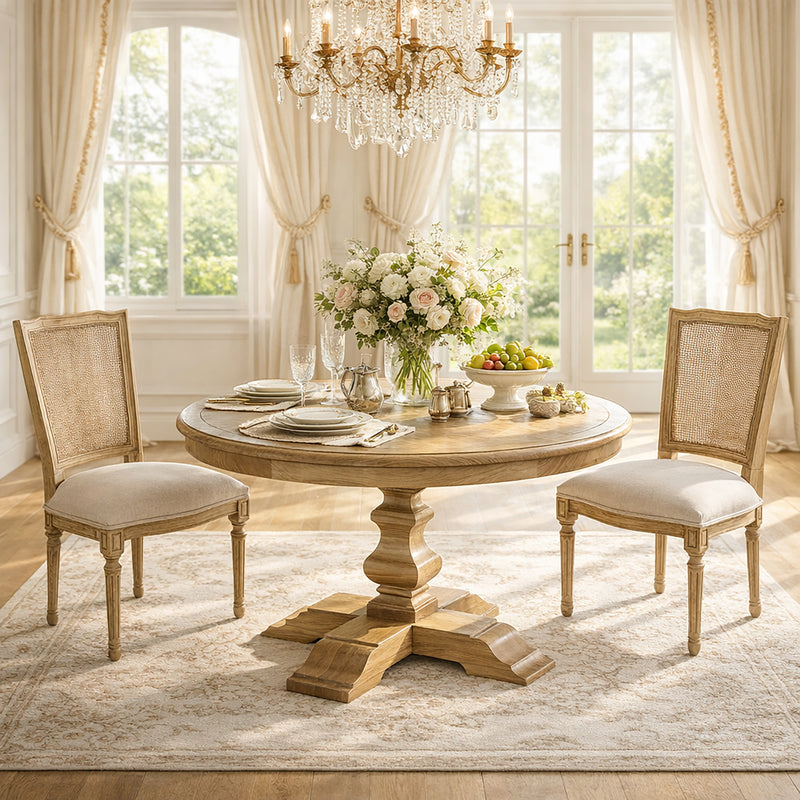 Classic French Provincial Extendable Round Dining Pedestal Table in Natural Ash Wood 120CM - 170CM