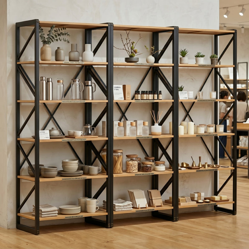 Urban Living Style 5-Tier Open Bookcase – Natural Oak Shelves with Black Iron Cross-Back Frame